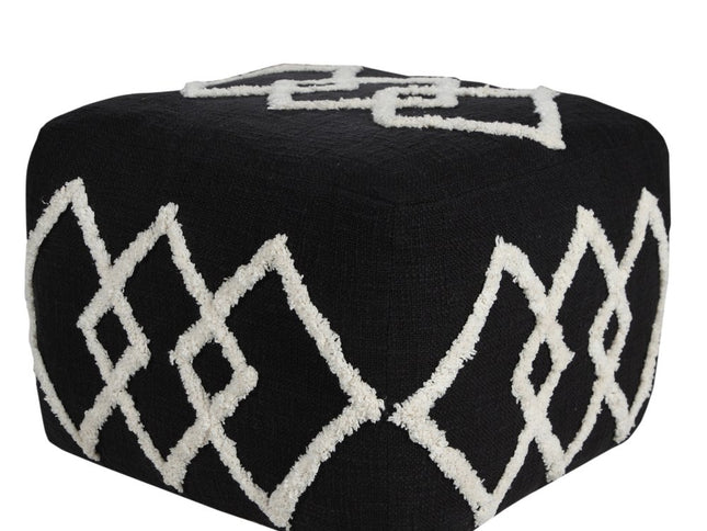 18" Black Cotton Geometric Pouf Ottoman