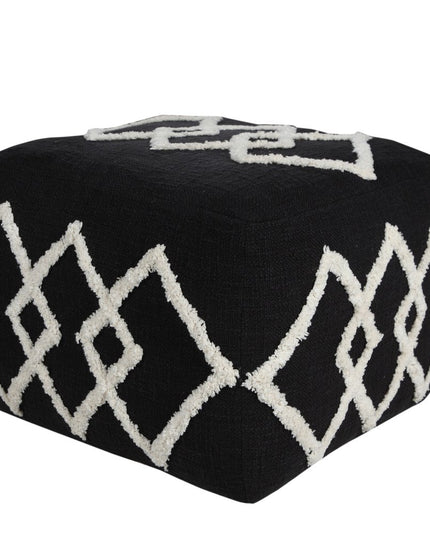 18" Black Cotton Geometric Pouf Ottoman