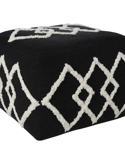 18" Black Cotton Geometric Pouf Ottoman