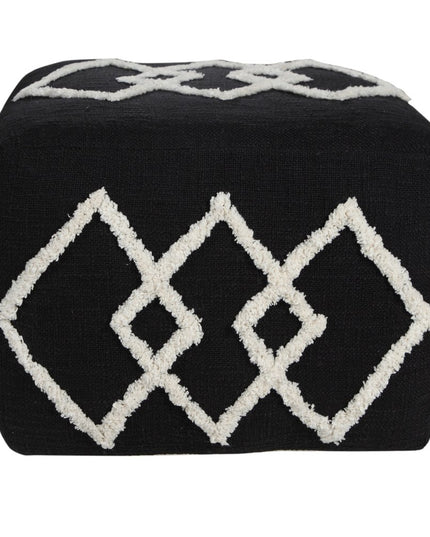 18" Black Cotton Geometric Pouf Ottoman