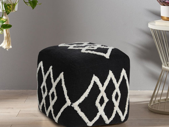 18" Black Cotton Geometric Pouf Ottoman