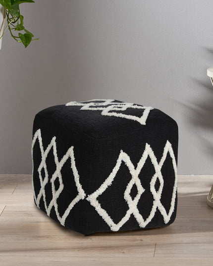 18" Black Cotton Geometric Pouf Ottoman