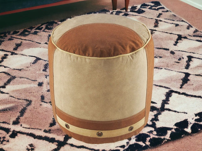 16" Tan Cotton Cylinder Striped Pouf Ottoman