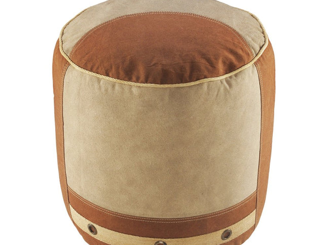 16" Tan Cotton Cylinder Striped Pouf Ottoman