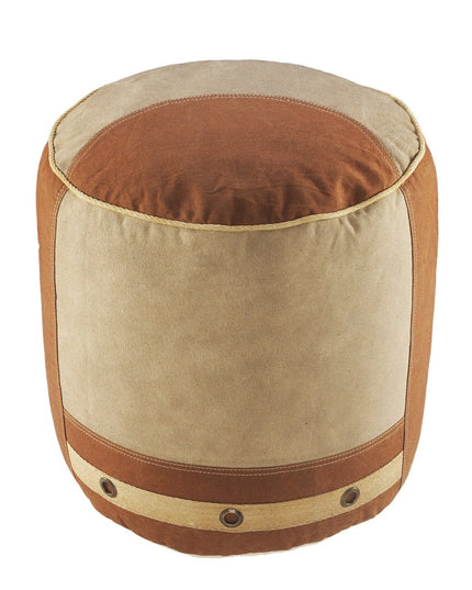 16" Tan Cotton Cylinder Striped Pouf Ottoman