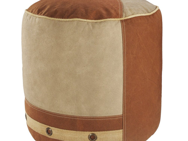 16" Tan Cotton Cylinder Striped Pouf Ottoman