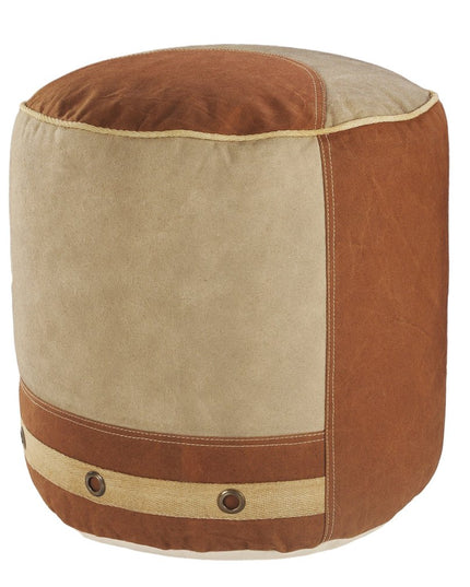 16" Tan Cotton Cylinder Striped Pouf Ottoman