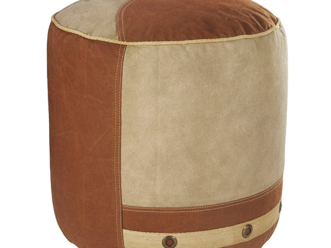 16" Tan Cotton Cylinder Striped Pouf Ottoman