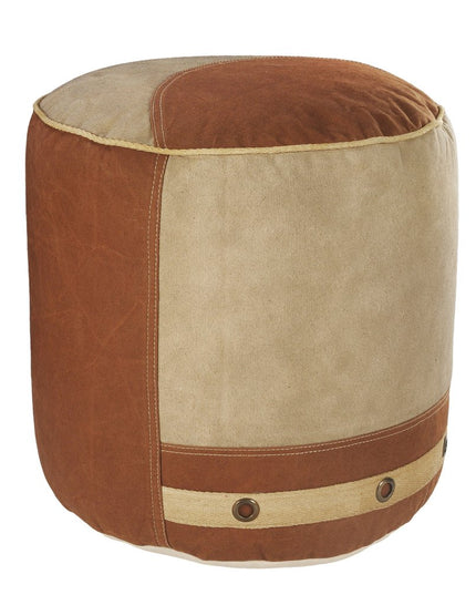 16" Tan Cotton Cylinder Striped Pouf Ottoman
