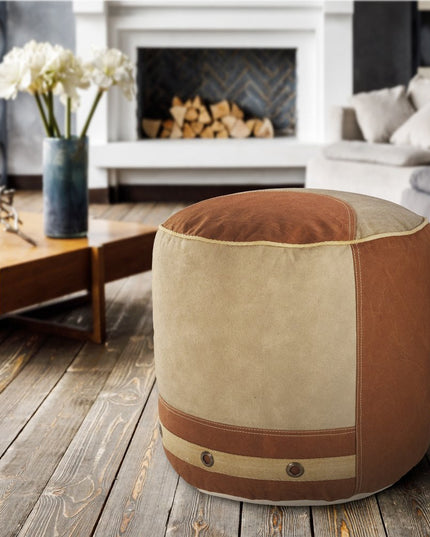 16" Tan Cotton Cylinder Striped Pouf Ottoman