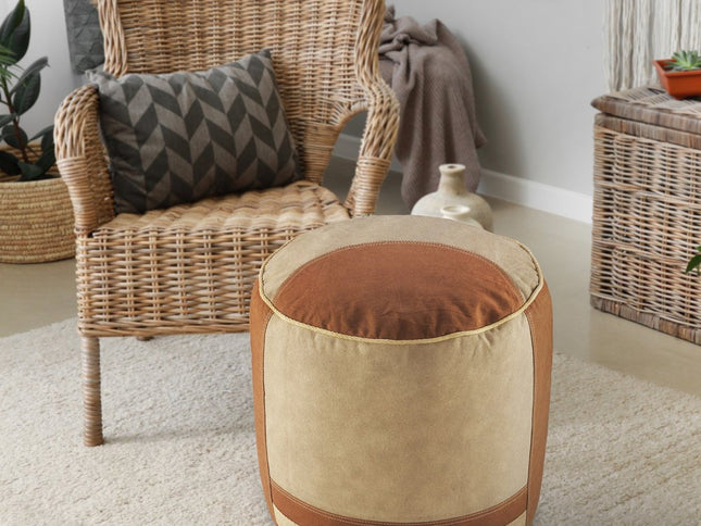 16" Tan Cotton Cylinder Striped Pouf Ottoman