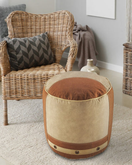 16" Tan Cotton Cylinder Striped Pouf Ottoman