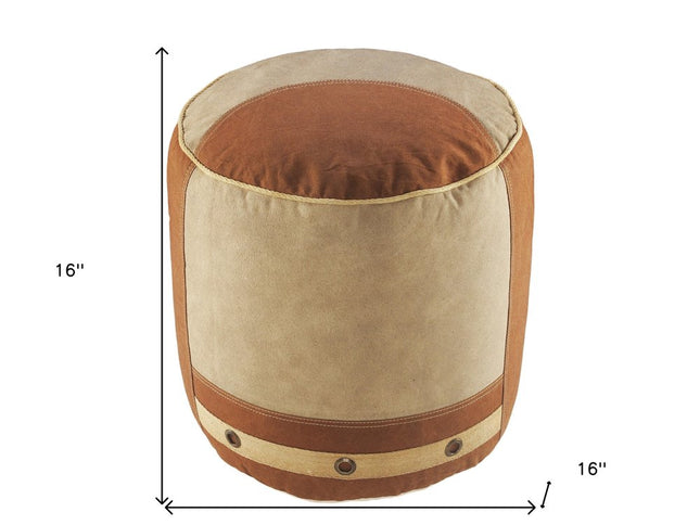16" Tan Cotton Cylinder Striped Pouf Ottoman