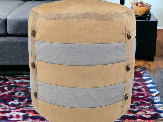 16" Tan Cotton Cylinder Striped Pouf Ottoman