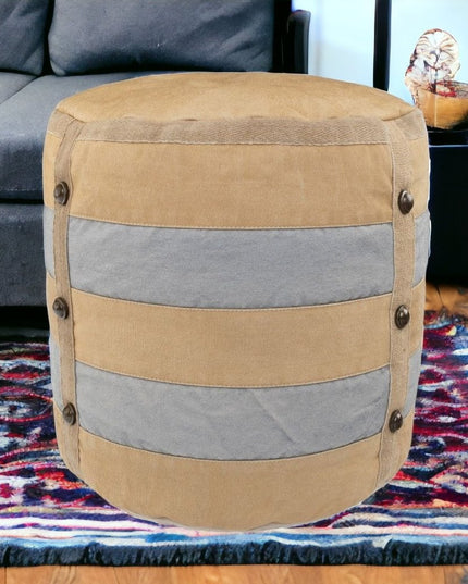 16" Tan Cotton Cylinder Striped Pouf Ottoman