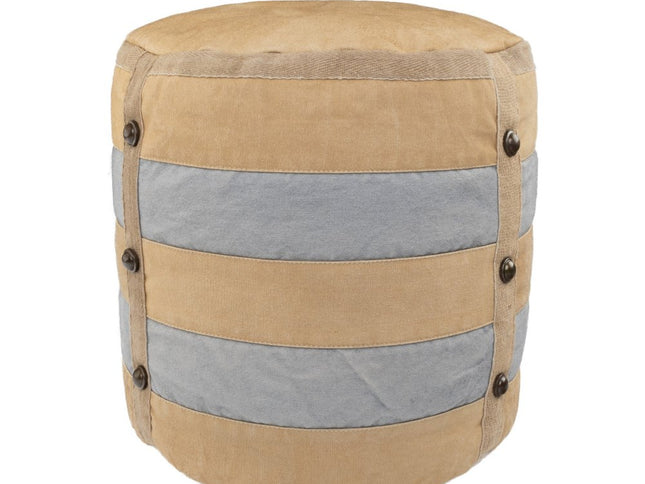 16" Tan Cotton Cylinder Striped Pouf Ottoman