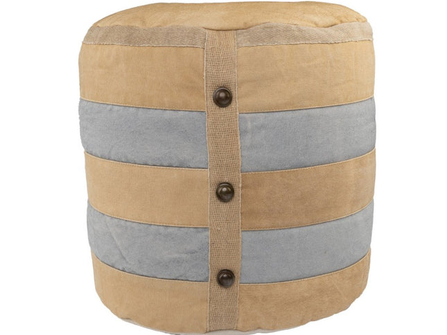 16" Tan Cotton Cylinder Striped Pouf Ottoman