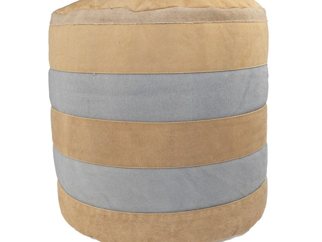 16" Tan Cotton Cylinder Striped Pouf Ottoman