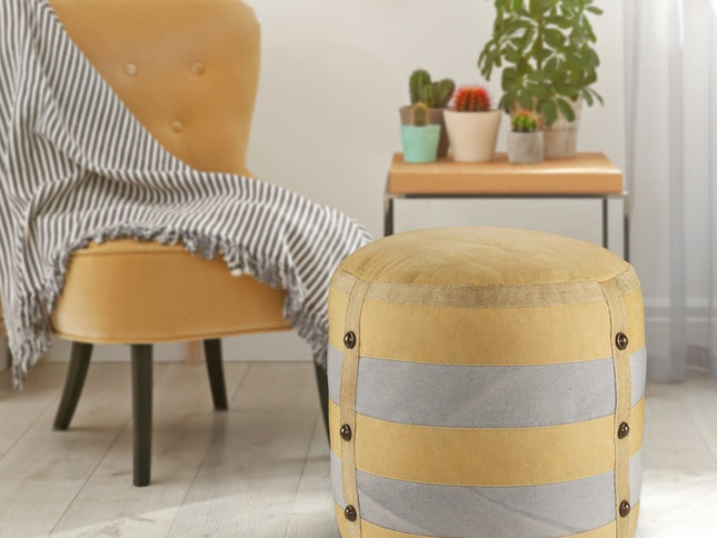 16" Tan Cotton Cylinder Striped Pouf Ottoman