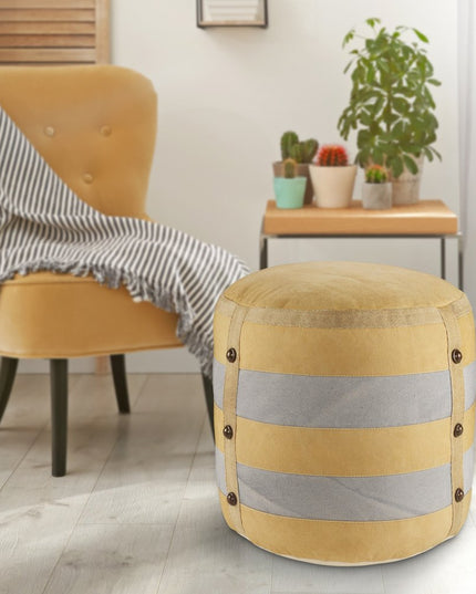 16" Tan Cotton Cylinder Striped Pouf Ottoman