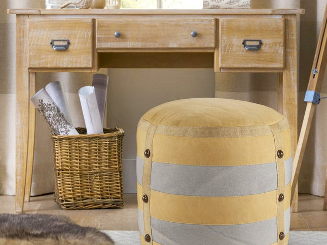 16" Tan Cotton Cylinder Striped Pouf Ottoman