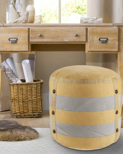 16" Tan Cotton Cylinder Striped Pouf Ottoman