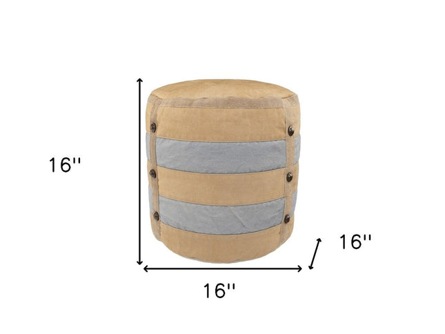 16" Tan Cotton Cylinder Striped Pouf Ottoman