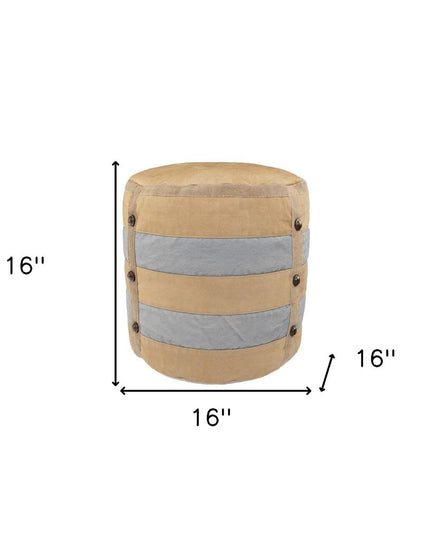 16" Tan Cotton Cylinder Striped Pouf Ottoman