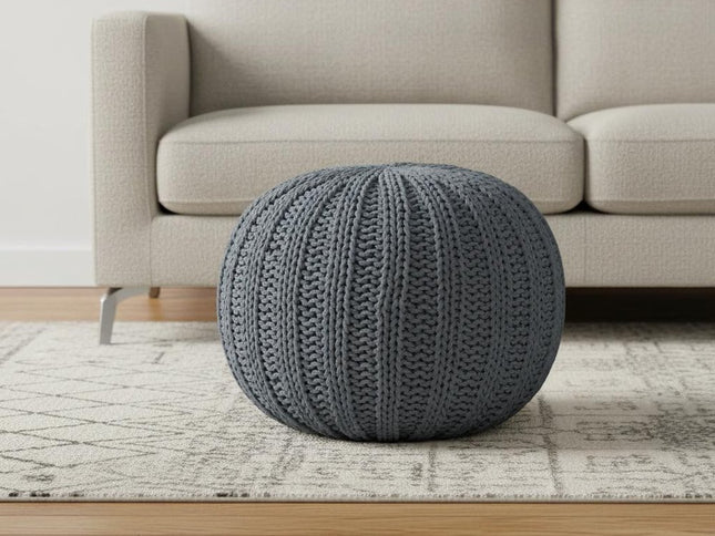 20" Blue Cotton Round Pouf Ottoman
