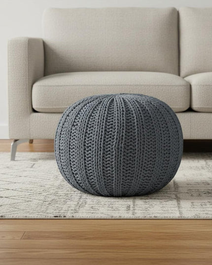20" Blue Cotton Round Pouf Ottoman