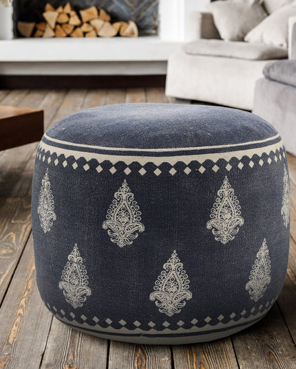 18" Blue Cotton Cylinder Paisley Pouf Ottoman