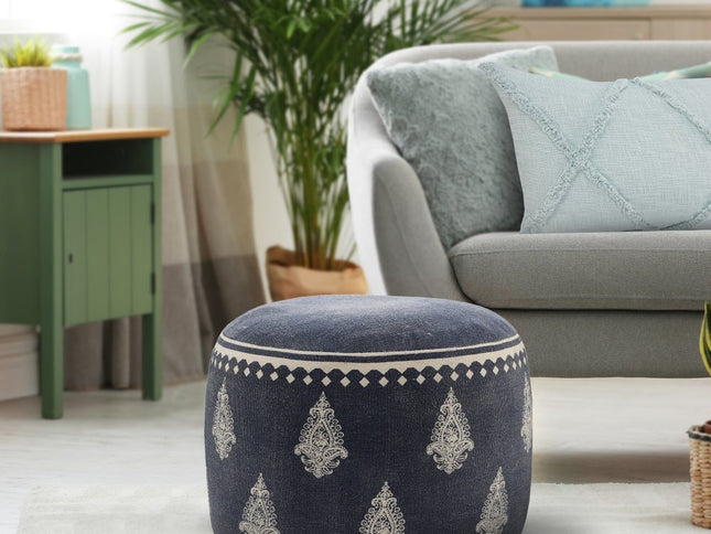 18" Blue Cotton Cylinder Paisley Pouf Ottoman