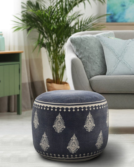 18" Blue Cotton Cylinder Paisley Pouf Ottoman