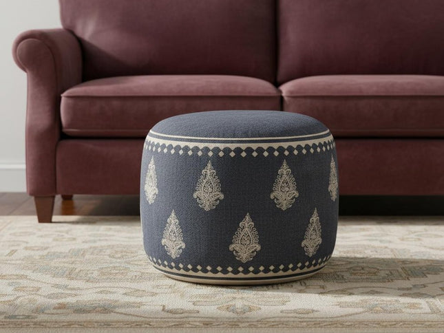18" Blue Cotton Cylinder Paisley Pouf Ottoman