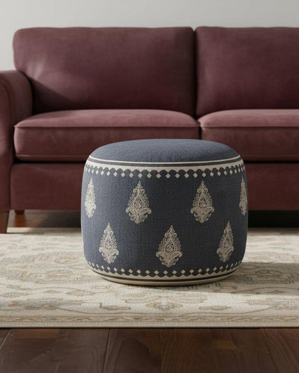 18" Blue Cotton Cylinder Paisley Pouf Ottoman