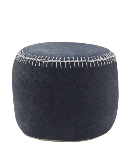18" Blue Cotton Cylinder Striped Pouf Ottoman