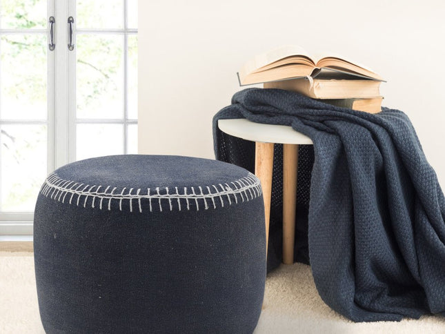 18" Blue Cotton Cylinder Striped Pouf Ottoman