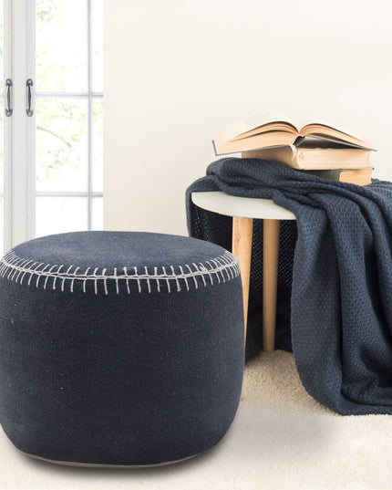 18" Blue Cotton Cylinder Striped Pouf Ottoman