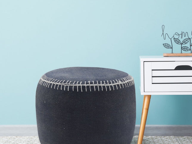 18" Blue Cotton Cylinder Striped Pouf Ottoman