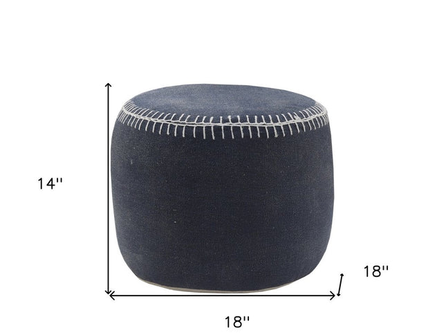 18" Blue Cotton Cylinder Striped Pouf Ottoman