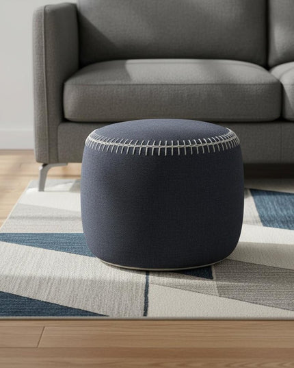 18" Blue Cotton Cylinder Striped Pouf Ottoman