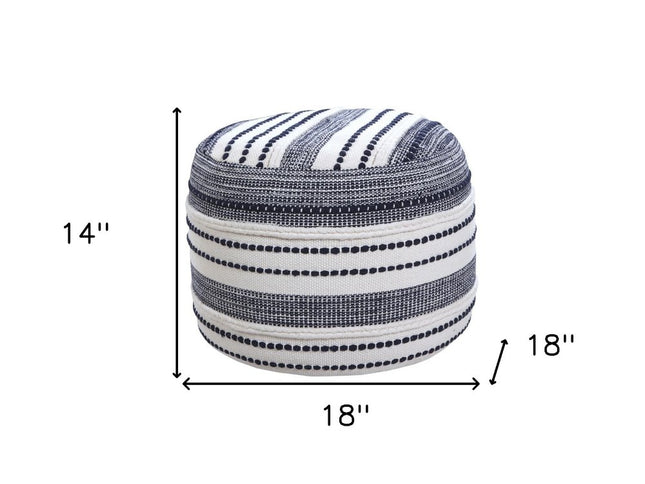 18" Blue Cotton Cylinder Striped Pouf Ottoman