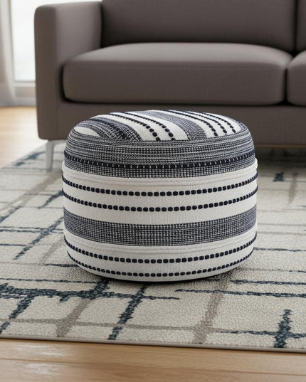 18" Blue Cotton Cylinder Striped Pouf Ottoman