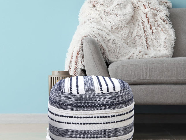 18" Blue Cotton Cylinder Striped Pouf Ottoman