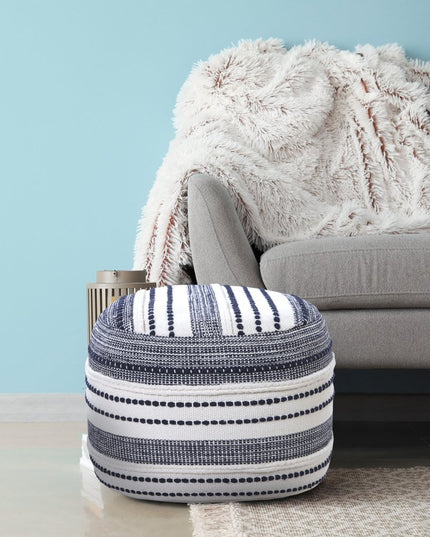 18" Blue Cotton Cylinder Striped Pouf Ottoman