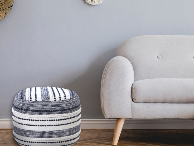 18" Blue Cotton Cylinder Striped Pouf Ottoman