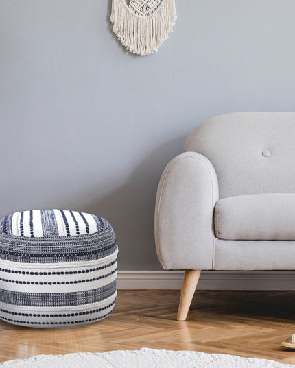 18" Blue Cotton Cylinder Striped Pouf Ottoman