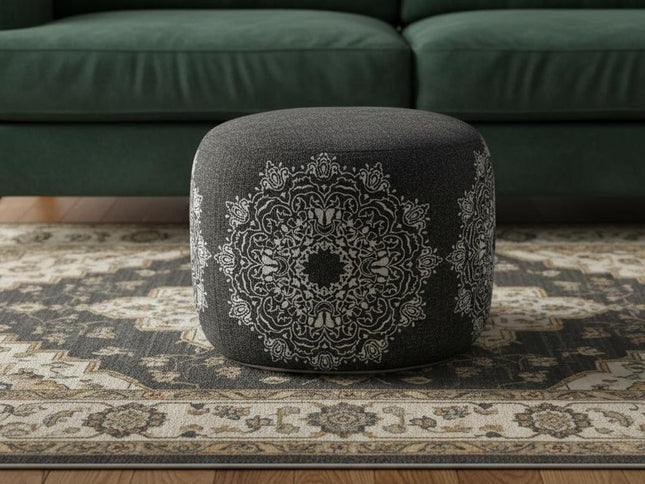 18" Black Cotton Cylinder Medallion Pouf Ottoman