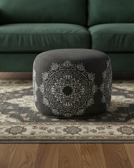 18" Black Cotton Cylinder Medallion Pouf Ottoman