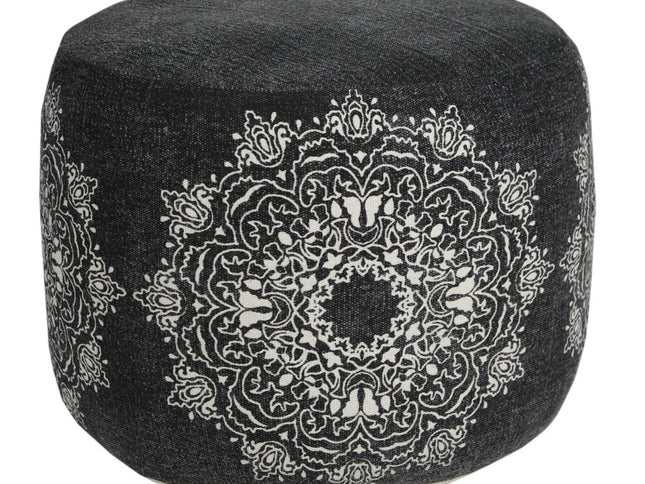 18" Black Cotton Cylinder Medallion Pouf Ottoman